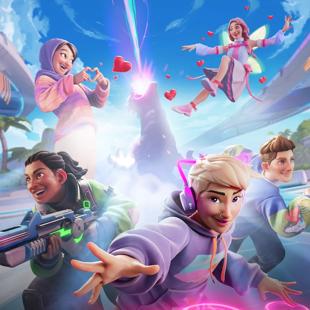 A group of expressive stylized avatars in an immersive virtual world.