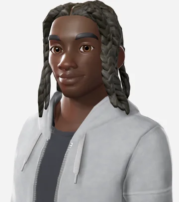A stylized avatar with shoulder-length locs swept back from the face.