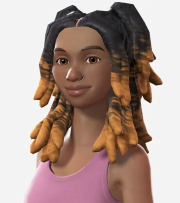 A stylized avatar with chunky twists in dark brown fading to warm copper.