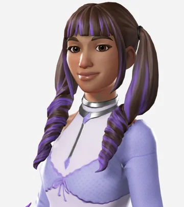 A stylized avatar with two long braids in dark brown fading to purple.