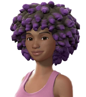A stylized avatar with a full afro of purple and dark coils.