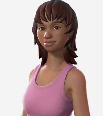 A stylized avatar with a dark, shaggy layered cut and a wispy fringe.