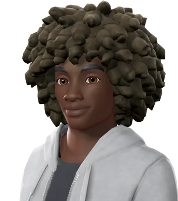 A stylized avatar with a large, rounded afro of dark coils.