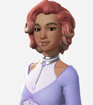 A stylized avatar with a short, soft pink-red curly bob.