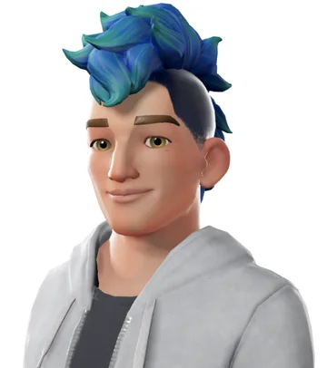 A stylized avatar with a spiky blue and teal crest over dark sides.