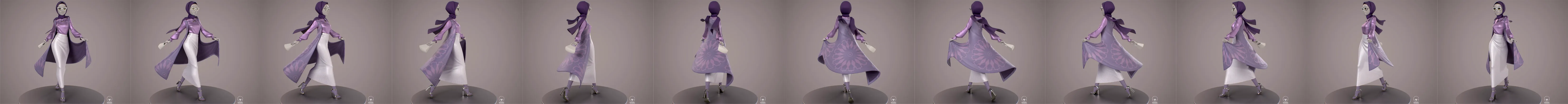 A stylized avatar maquette in a layered purple and white outfit with a headscarf, shown turning through a full rotation.