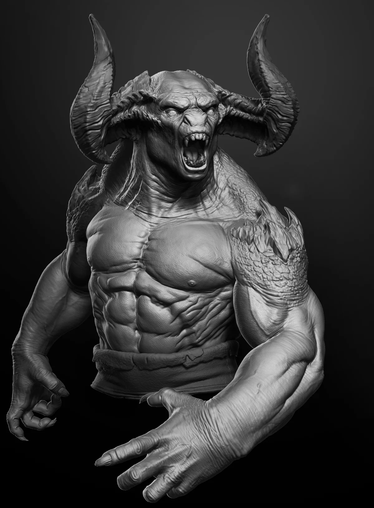 A grayscale bust of a muscular horned creature with an exaggerated open-mouth expression.