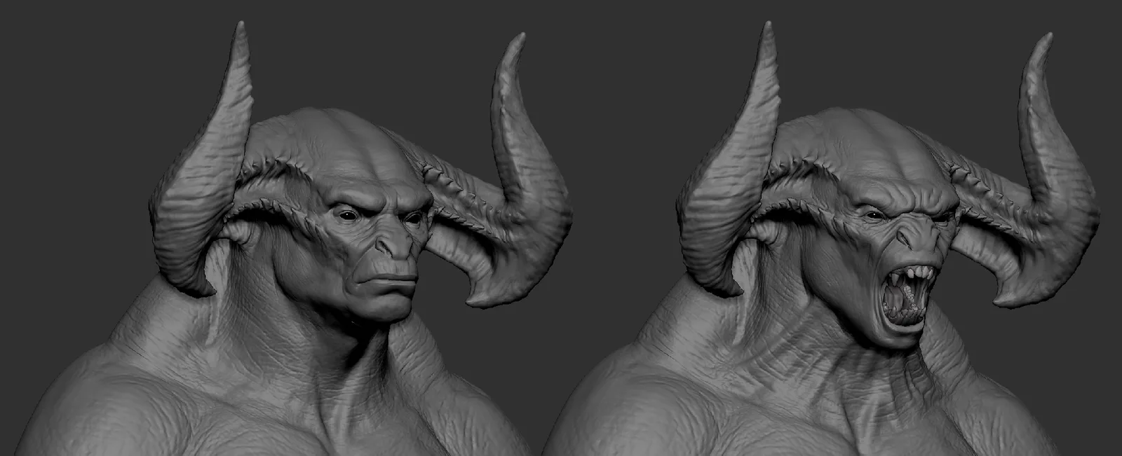 Two grayscale three-quarter views of the horned character's head: a calm, closed-mouth neutral target beside an extreme open-mouth target.
