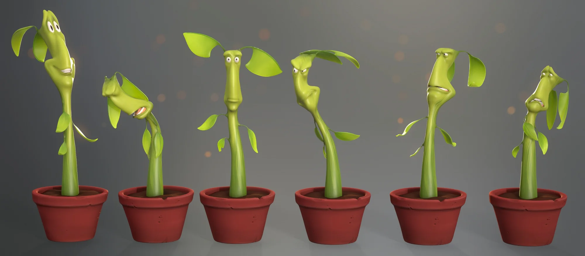 A stylized potted plant character shown through six different facial expressions.