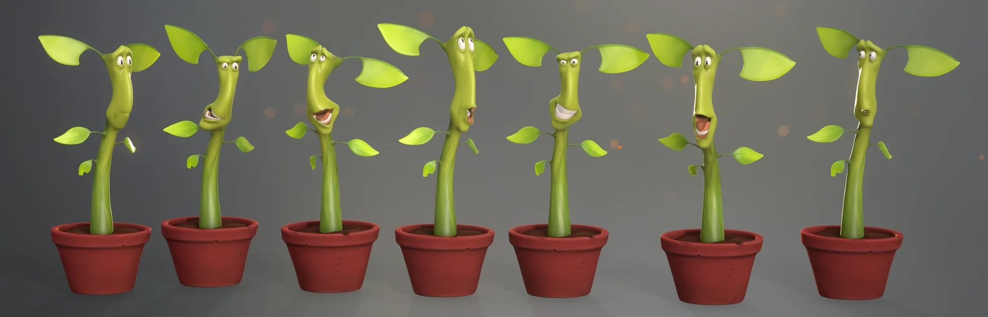 The same potted plant character shown through seven different mouth and speech shapes.