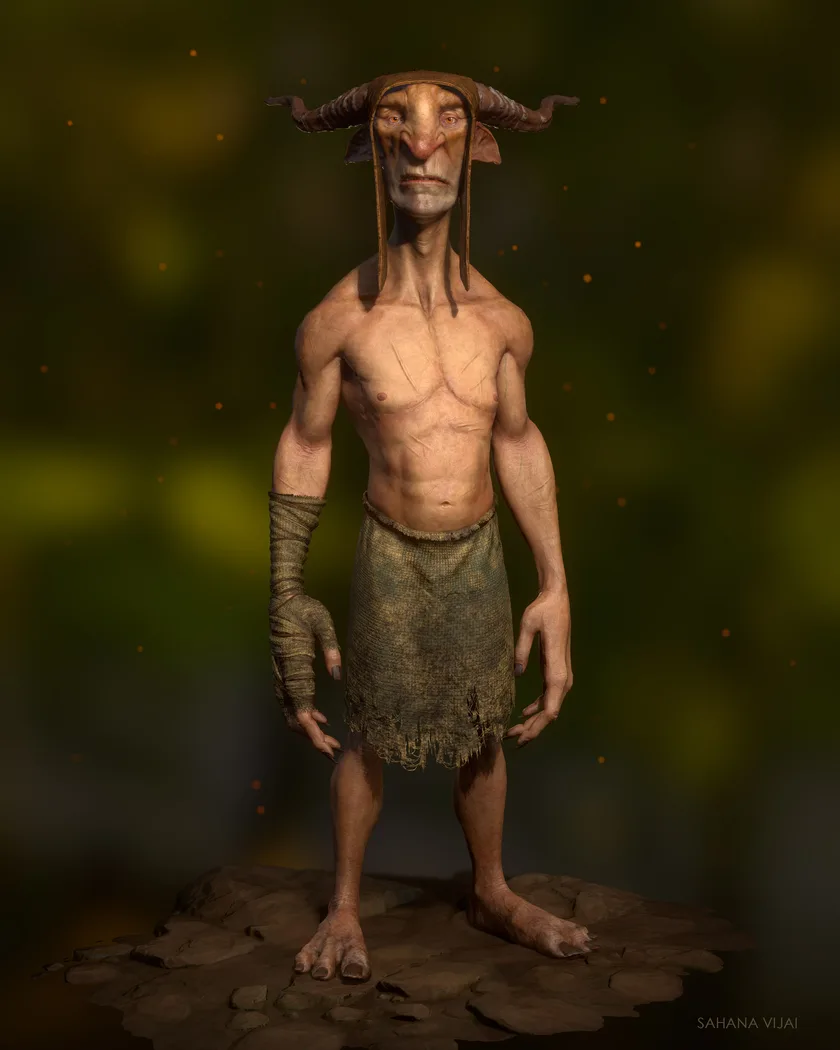 Full-body render of a tall, slender horned goblin wearing a weathered garment.