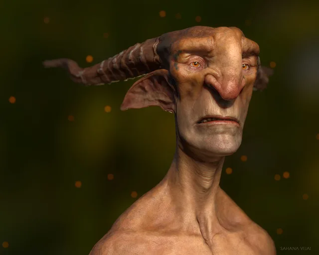 A close portrait of a long-faced horned goblin with warm skin tones against a dark olive background.