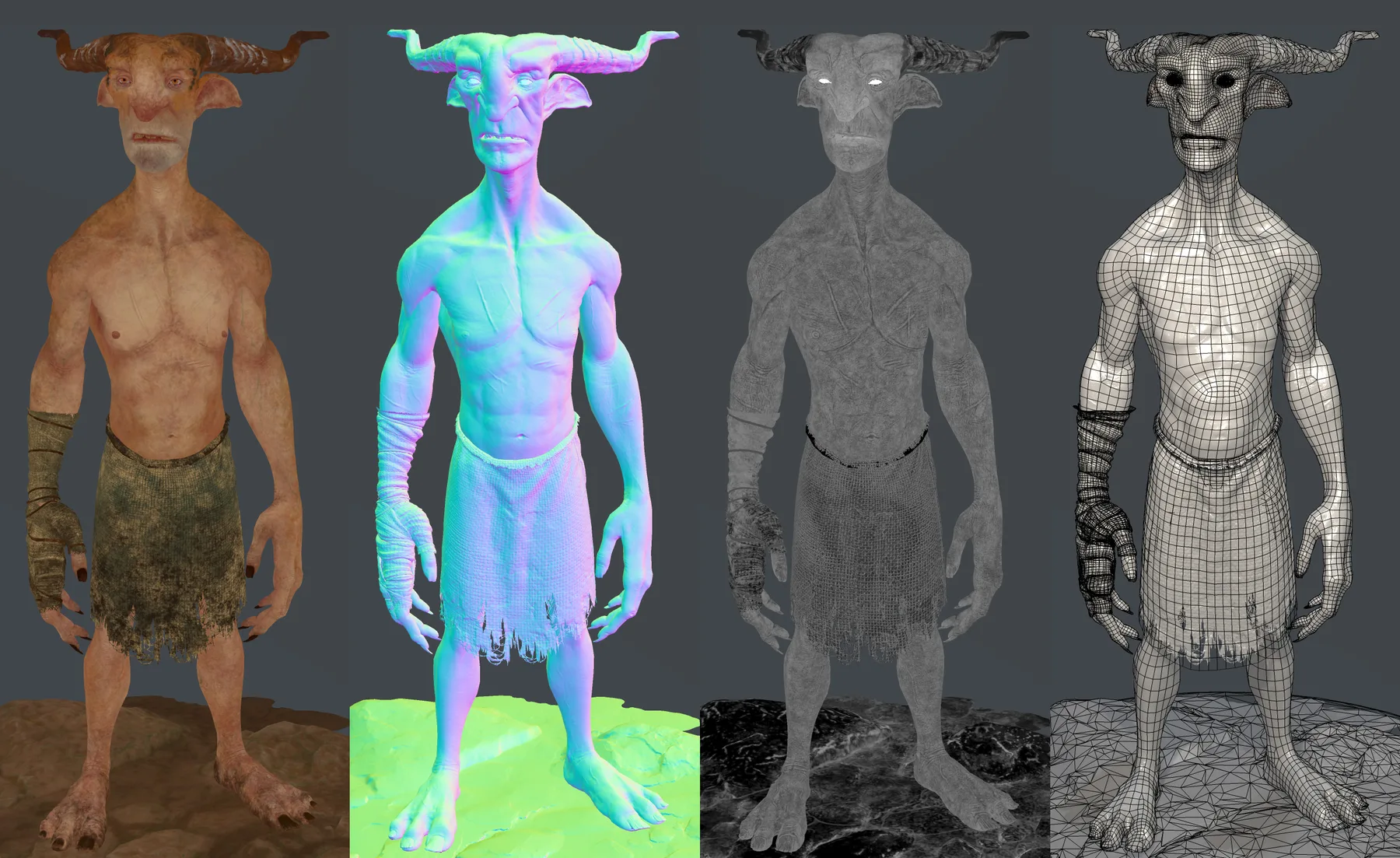 Four front views of the goblin showing the finished materials, surface maps, grayscale texture information, and topology.