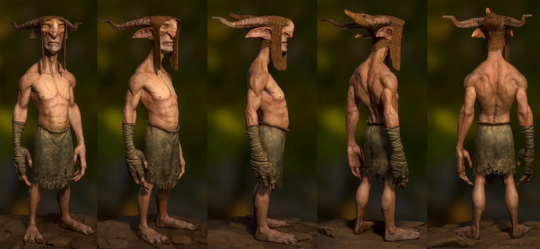 Five views of the goblin showing the completed character from front through back angles.