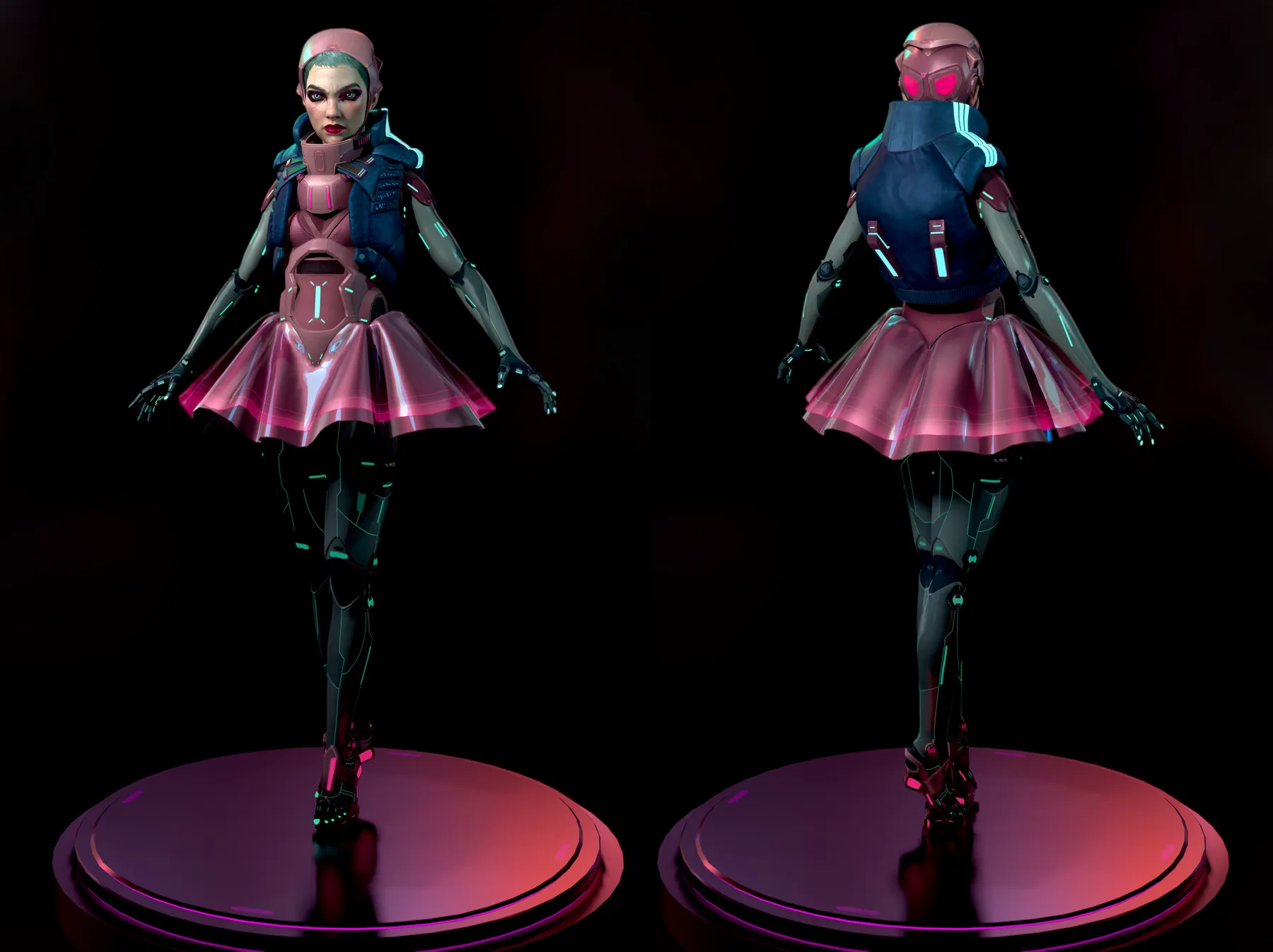 Full-body front and back views of Nyx showing the complete costume, armor, translucent skirt, and mechanical limbs.