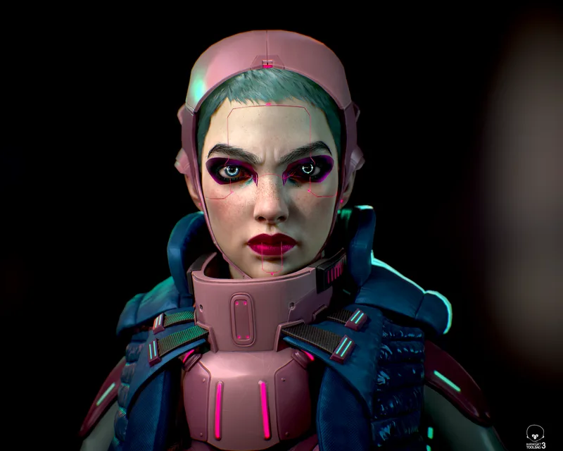 Close portrait of a cyberpunk woman in a helmet and layered armor, lit with pink, teal, and blue accents.