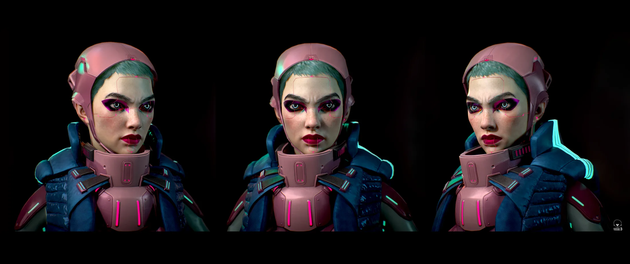 Three bust views of Nyx from left three-quarter, front, and right three-quarter angles.