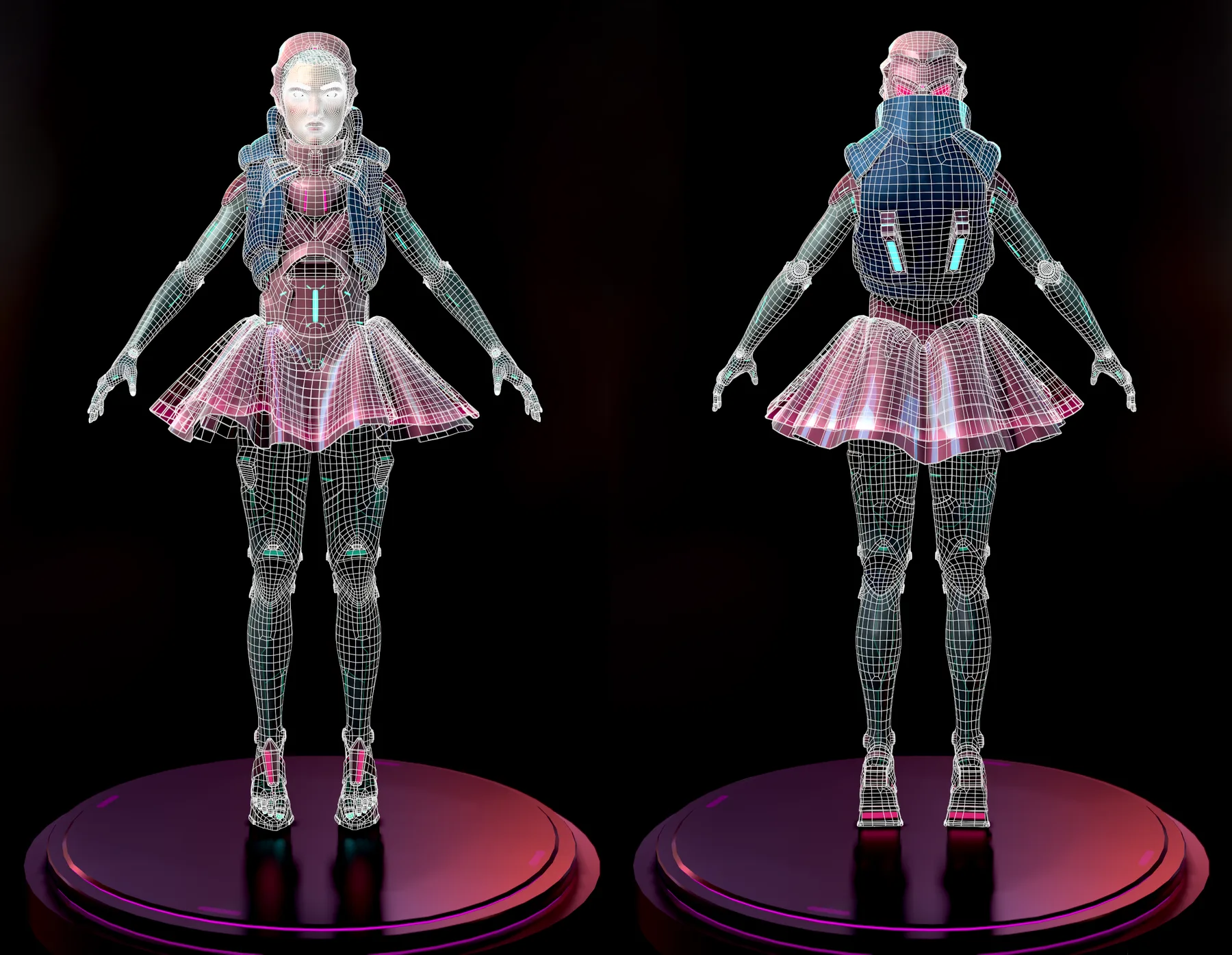 Front and back views of the complete Nyx character with a white topology wireframe overlay.