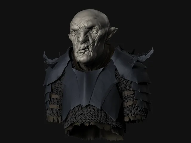 A three-quarter grayscale bust of an older orc with asymmetric features, a broken tusk, and layered armor.