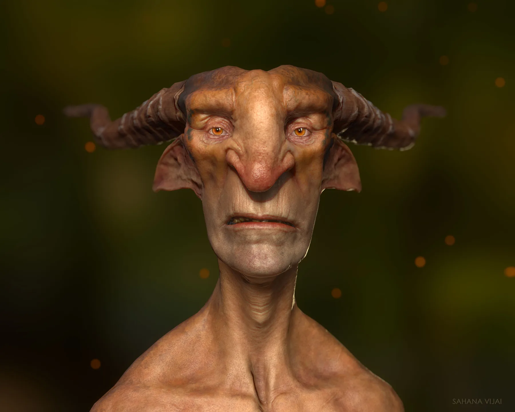 Front portrait of the horned goblin in color, with amber eyes and warm freckled skin against a green background.