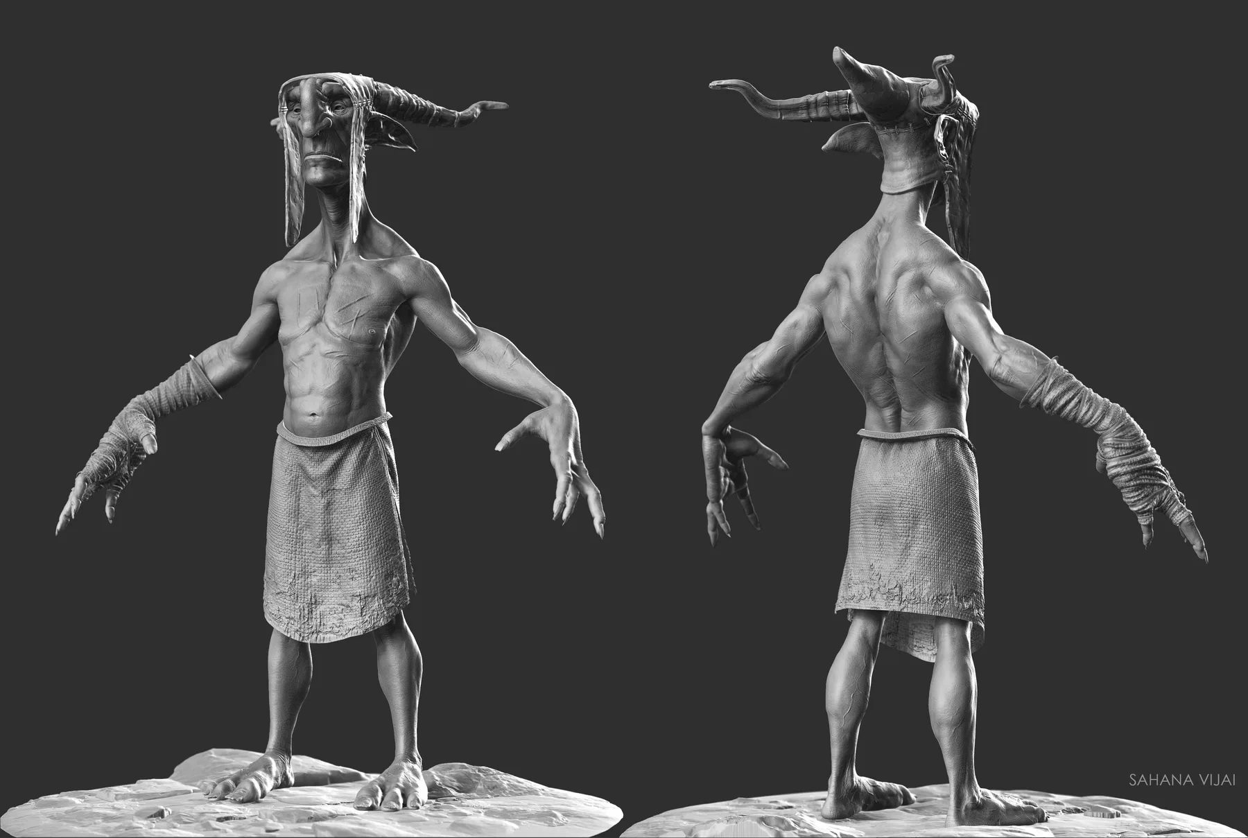 Untextured sculpt of the goblin standing in an A-pose, shown from the front and back.