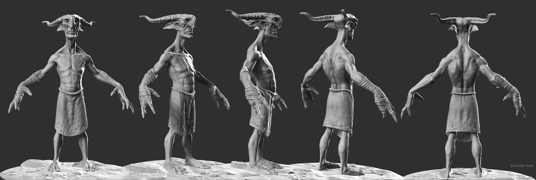 Five untextured sculpt views of the goblin rotating from front to back.