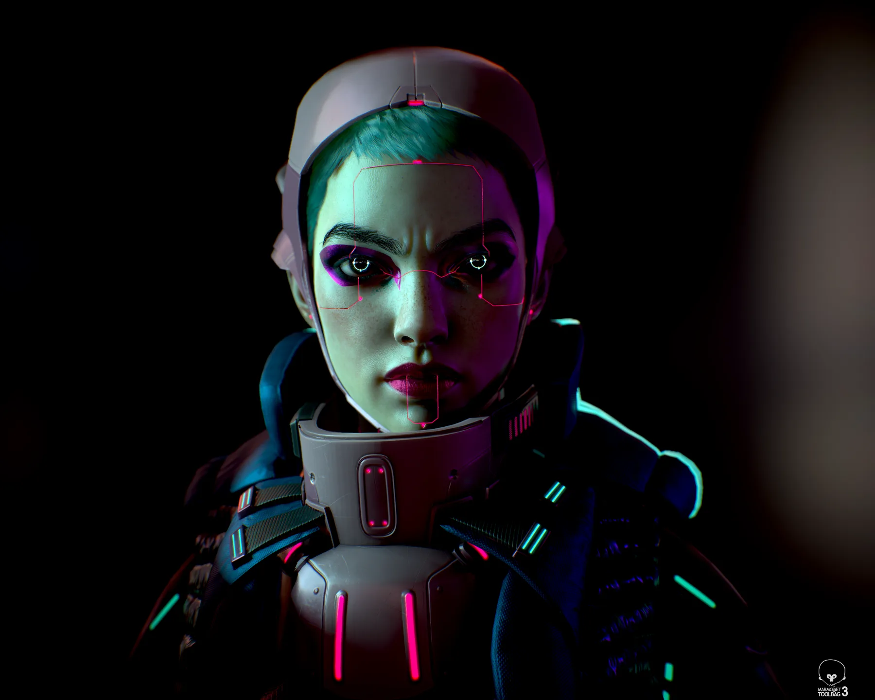 Dimly lit portrait of Nyx with her face half in shadow, the helmet and collar catching pink and cyan light.