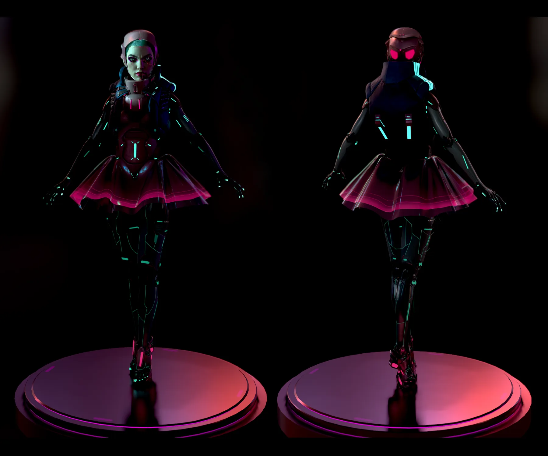 Two full-body views of Nyx in near darkness, cyan and pink light strips tracing her suit from the front and back.