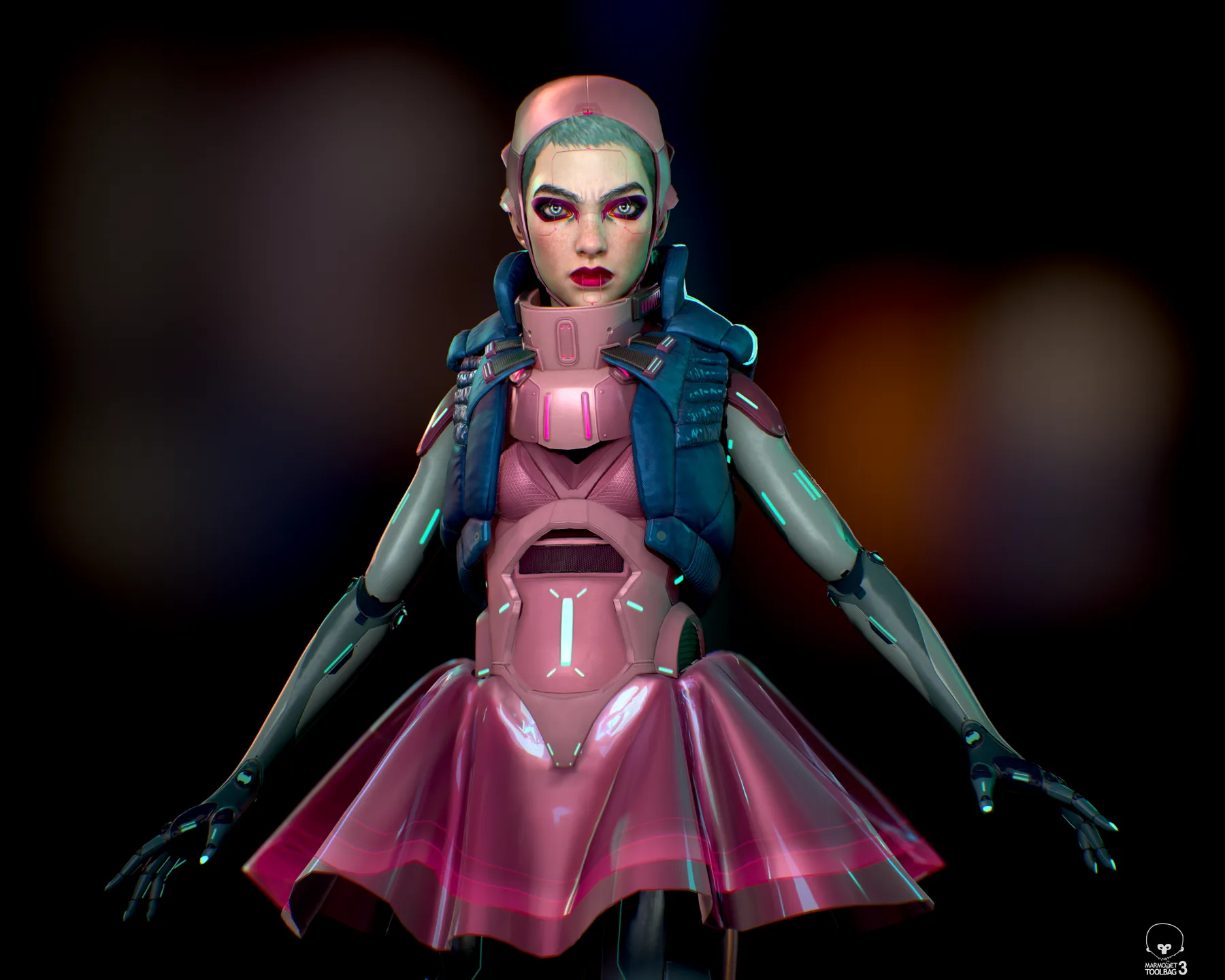 Three-quarter-length view of Nyx with arms lowered, showing the pink chest plate, glossy skirt, and quilted blue vest.