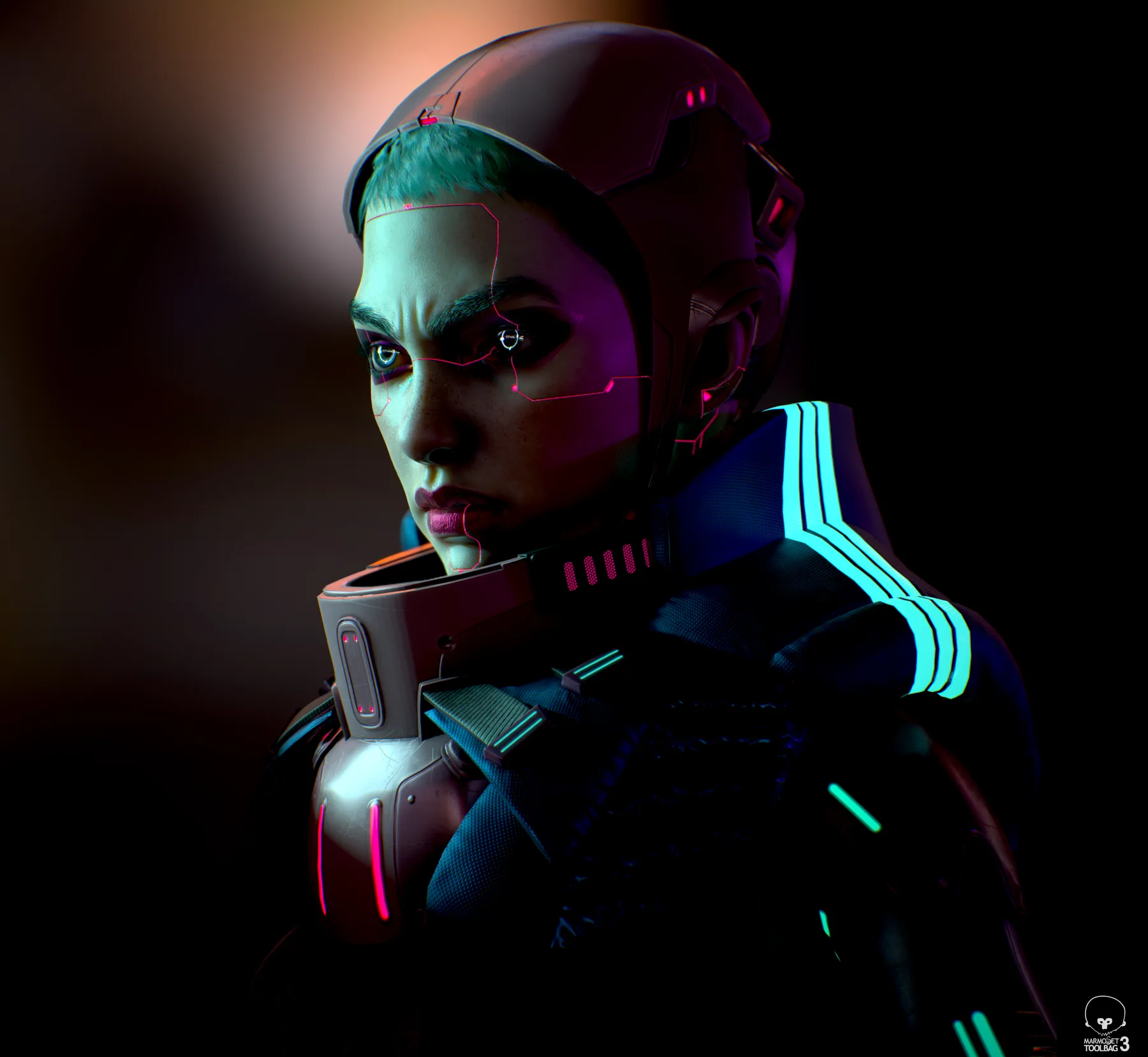 Three-quarter bust of Nyx in low light, her collar and shoulder armor edged in glowing teal.