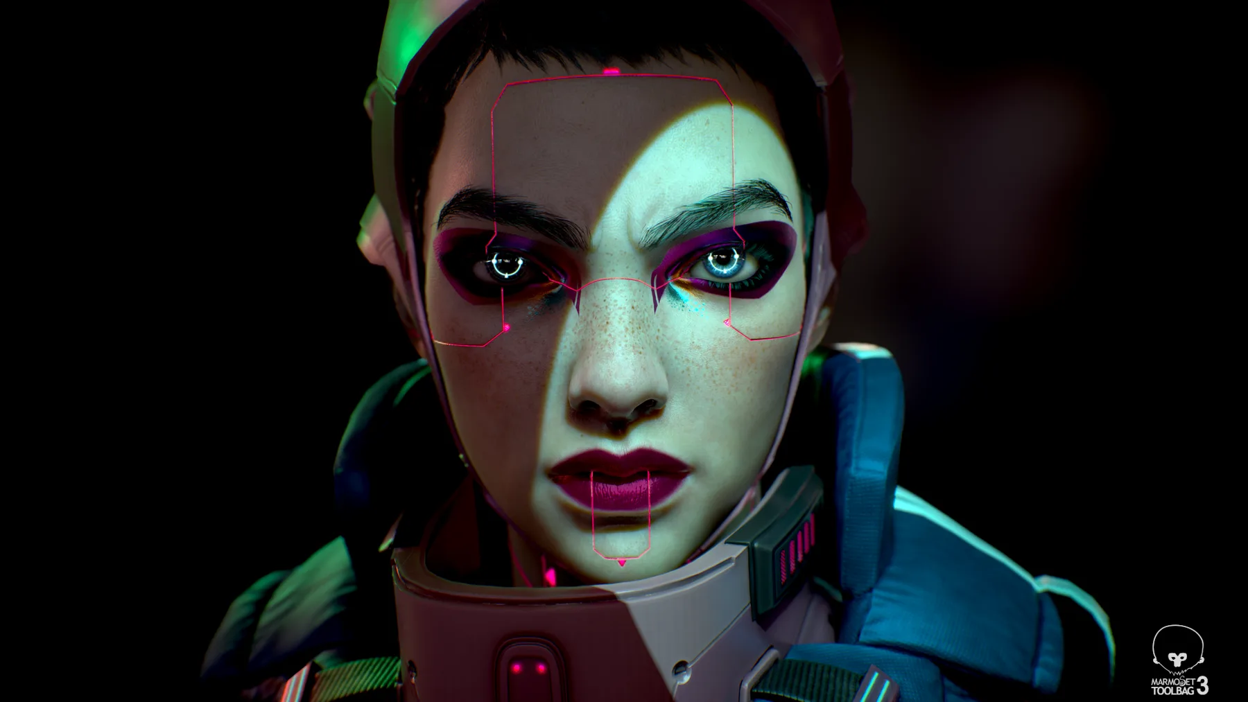 Wide close view of Nyx's face against a black background, one side lit warmly, circuit lines glowing on her skin.