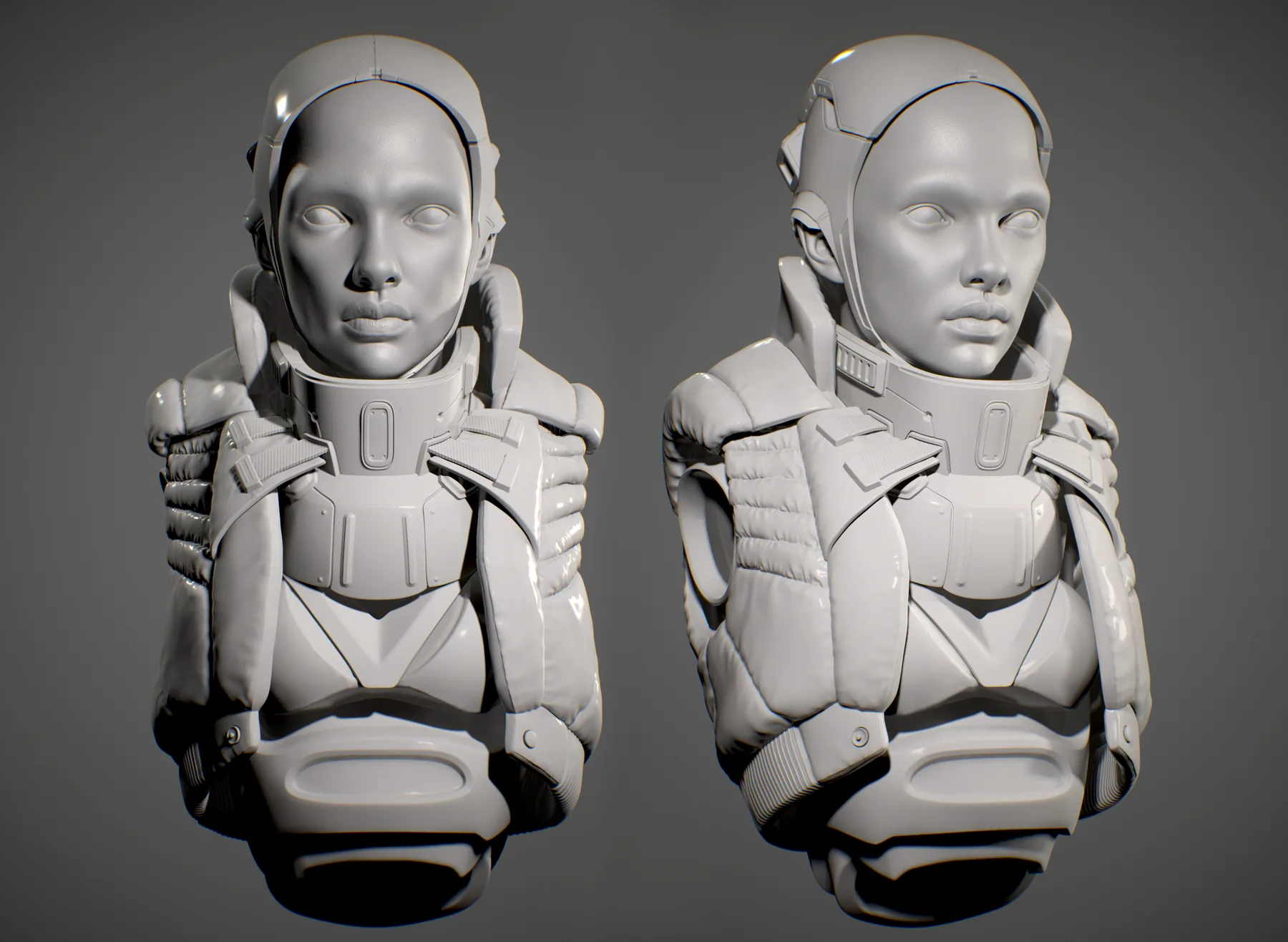Two untextured gray sculpt views of the Nyx bust, showing the face, helmet, and quilted vest forms.