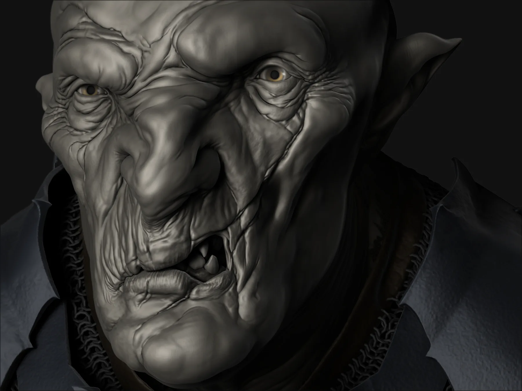 Extreme close-up of the orc's weathered face with one eye narrowed and small teeth showing behind the lips.
